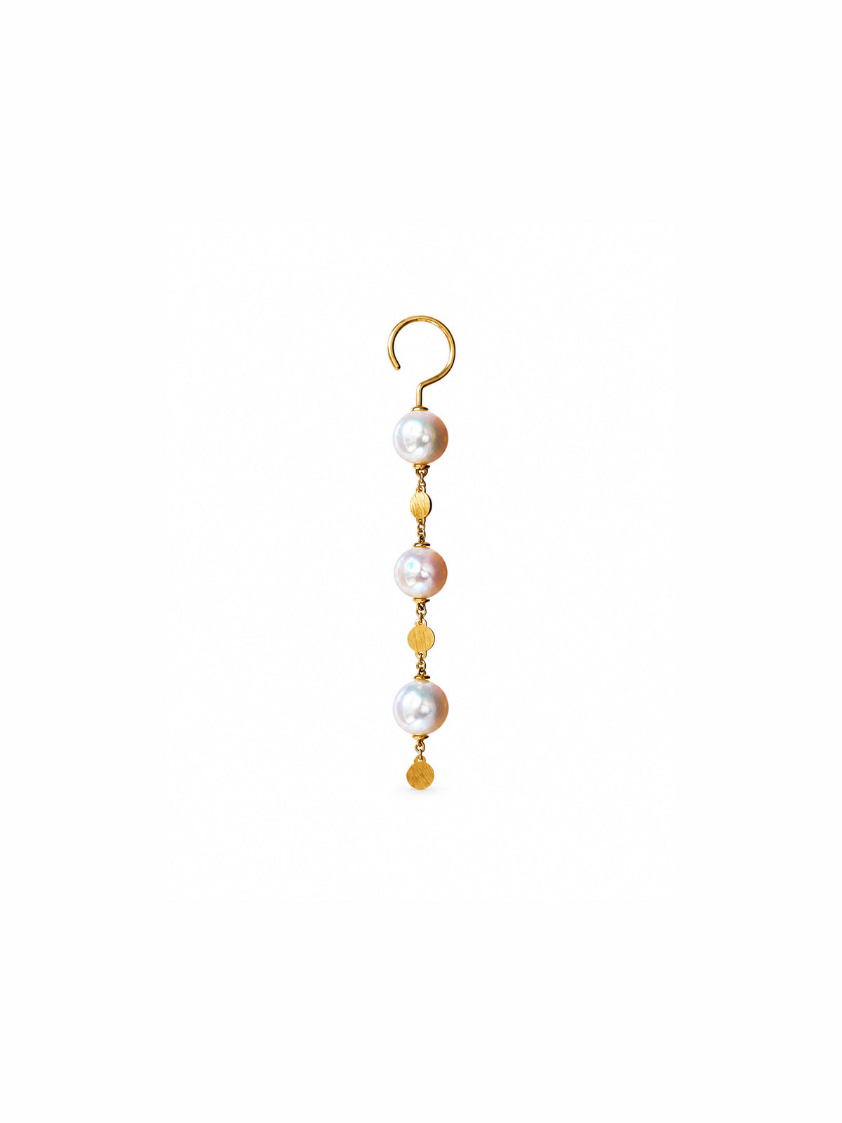 A single gold dangle earring featuring three white freshwater pearls and three small round yellow beads, suspended from a gold hook on a plain white background.