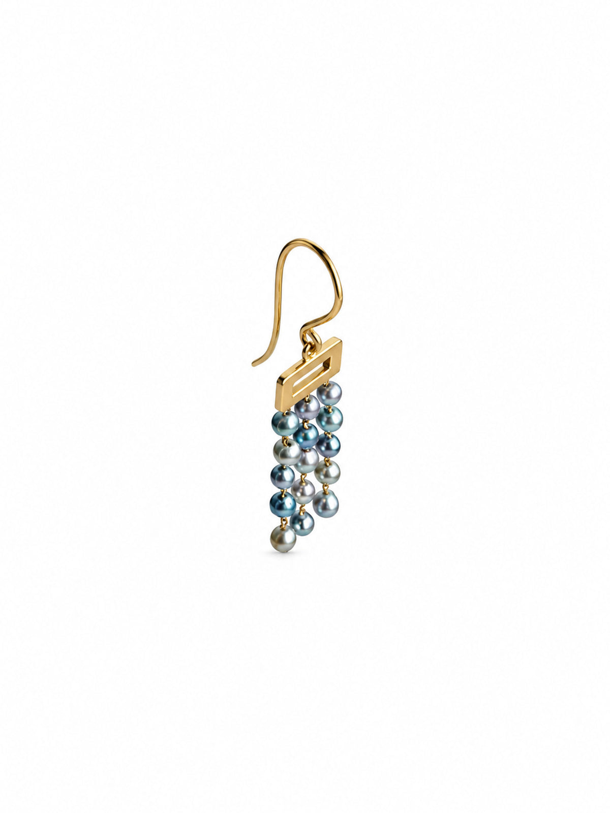 A single gold dangle earring featuring a cluster of iridescent blue-gray and silver freshwater pearls, suspended from a geometric gold setting on a white background.