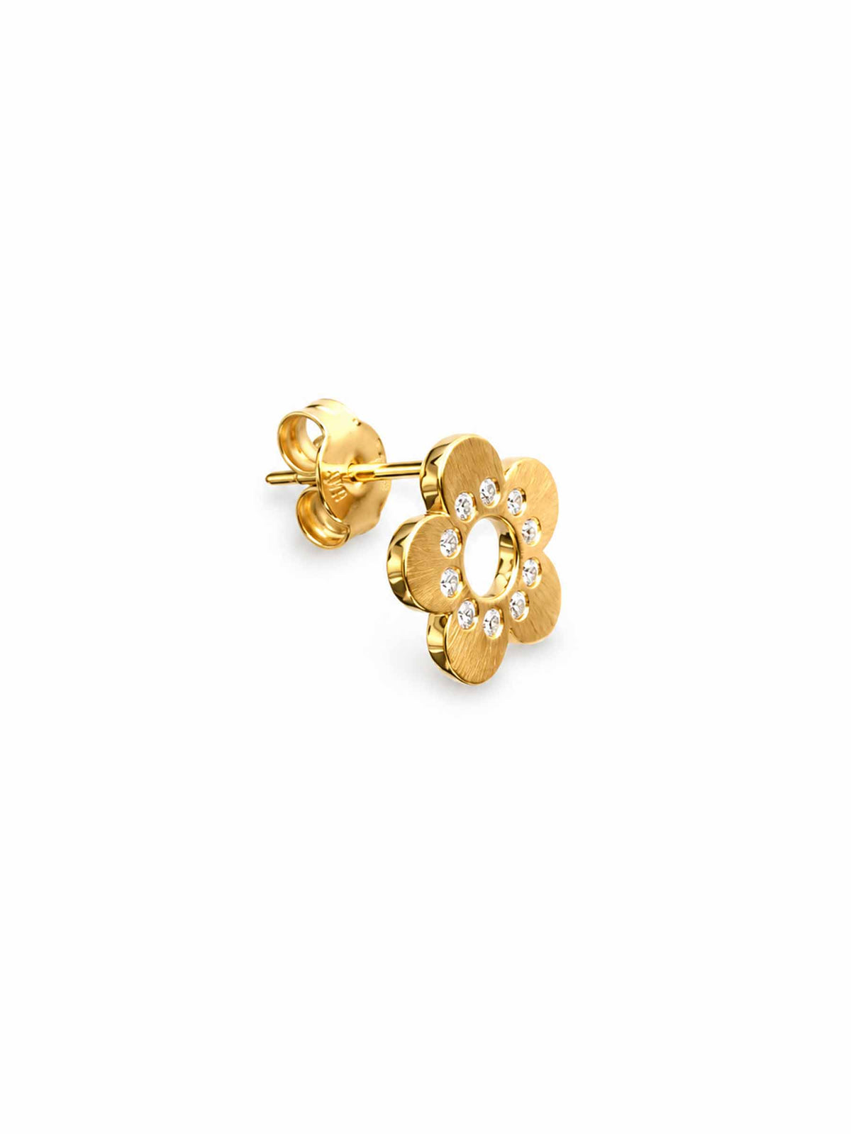A gold flower-shaped stud earring with five textured petals and small diamonds arranged in a circle around the center, shown on a plain white background.