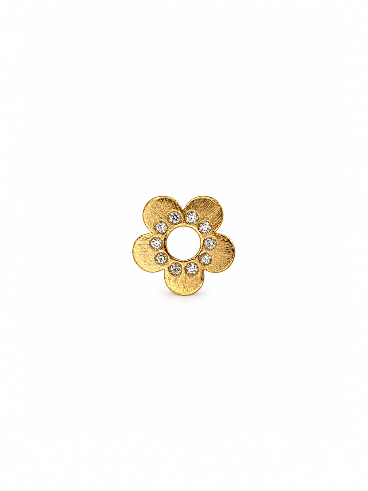 A gold flower-shaped stud earring with five textured petals and small diamonds arranged in a circle around the center, shown on a plain white background.