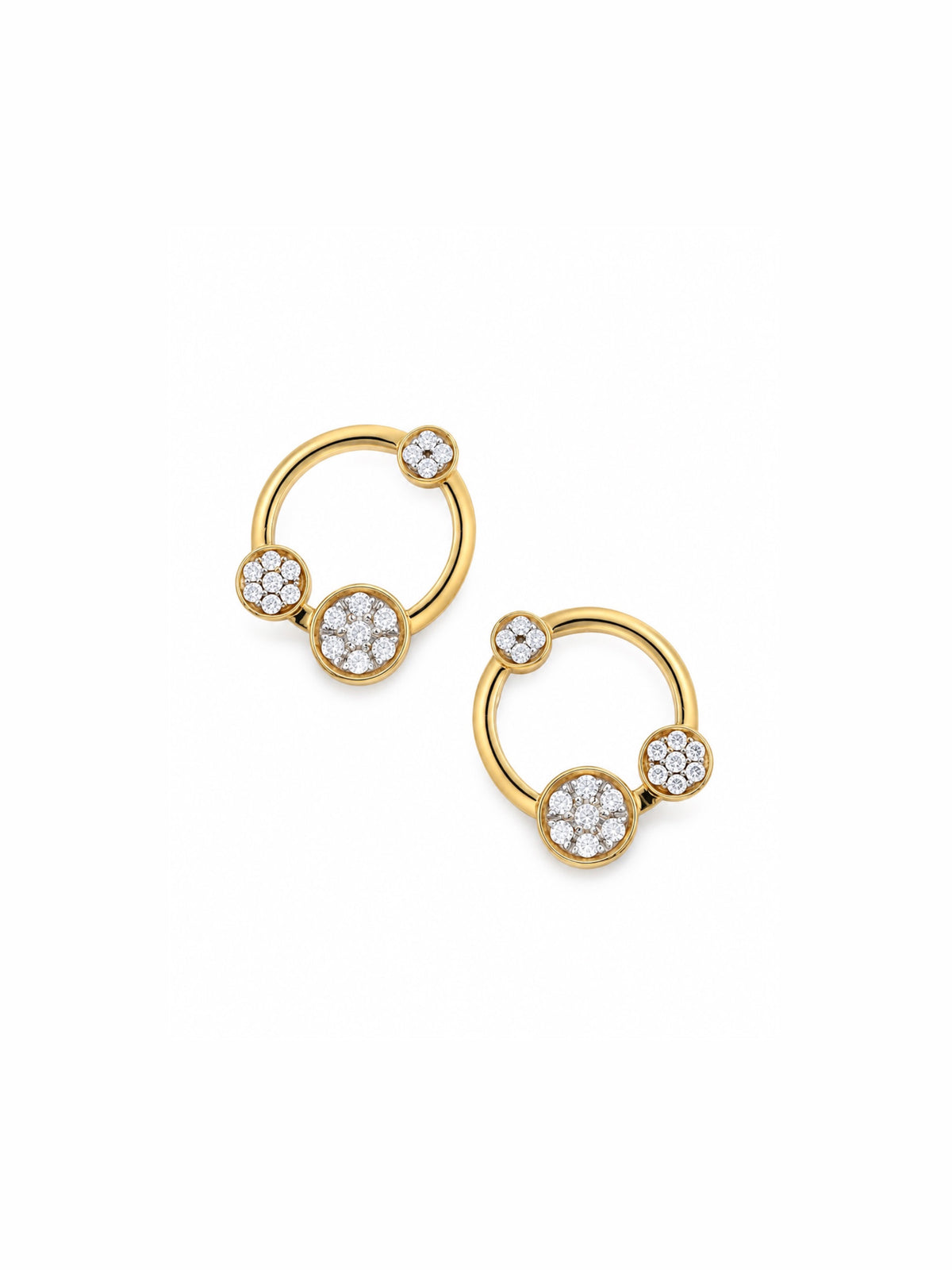 A pair of gold huggie hoop earrings adorned with pavé-set clear stones, shown on a plain white background.