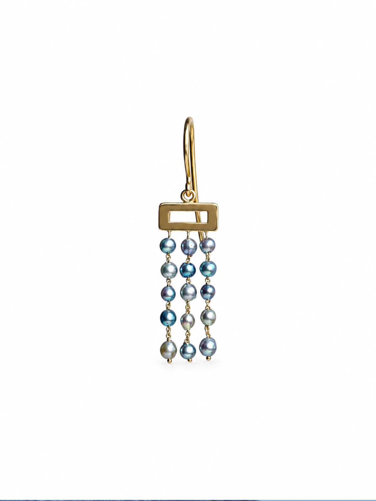 A gold dangle earring featuring three vertical strands of small iridescent blue-gray pearls, suspended from a rectangular gold frame on a white background.
