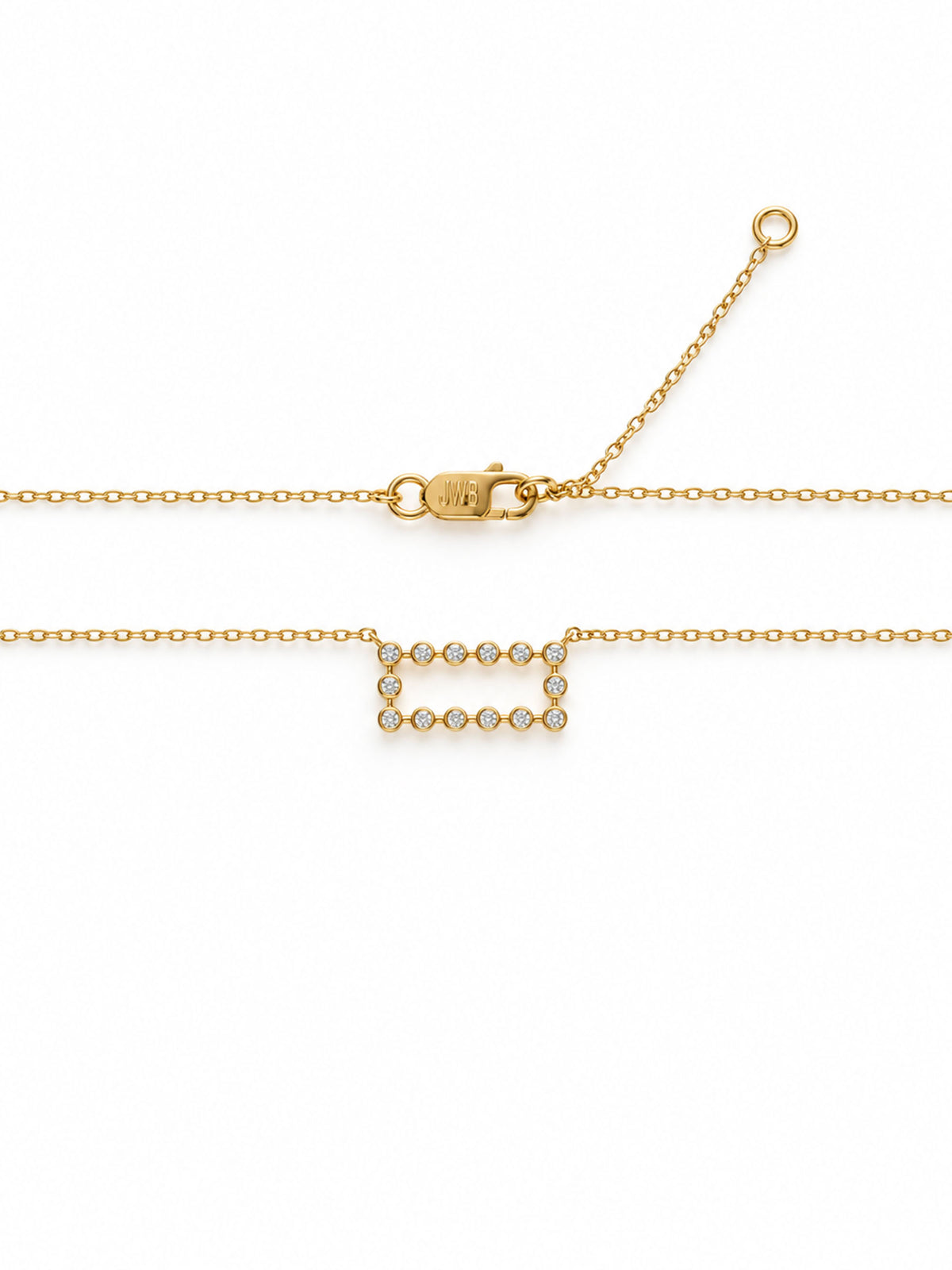 A gold chain necklace with a rectangular frame pendant set with small clear stones, displayed on a clean white background with its clasp and extender chain visible.