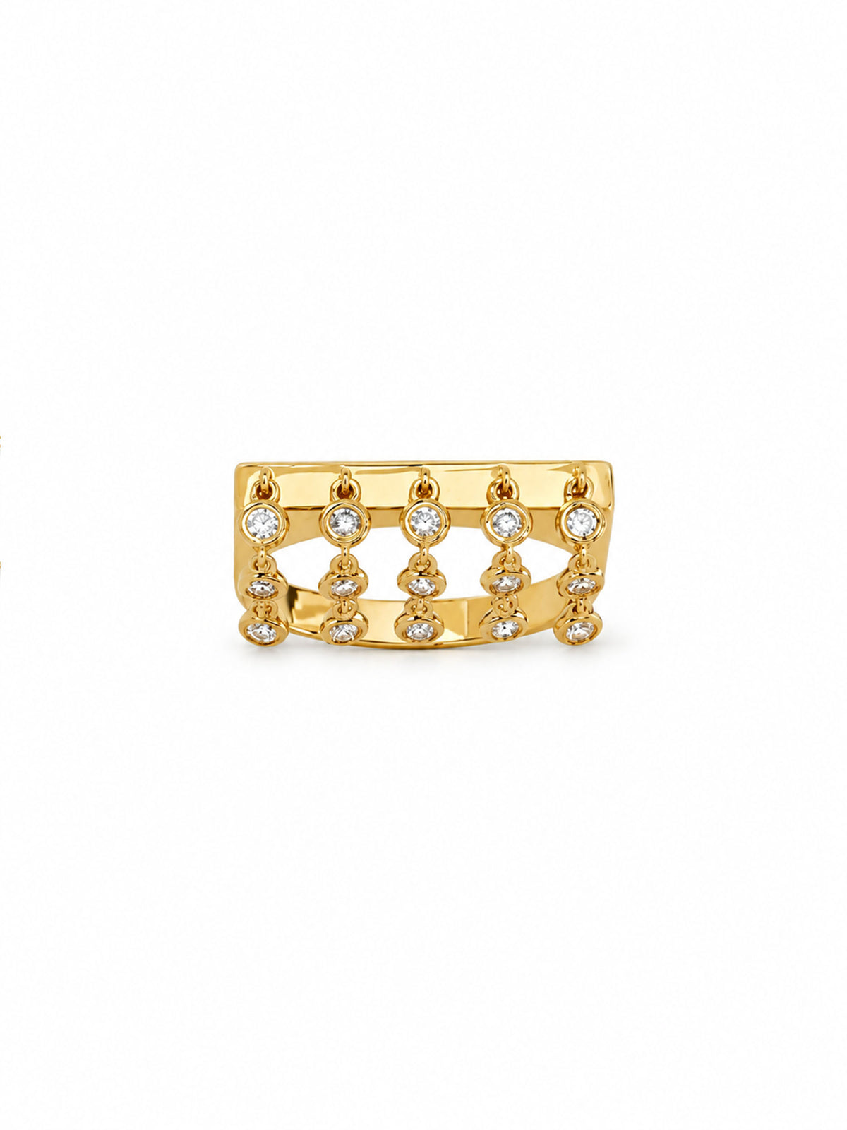 Crafted in 18-karat gold, this kinetic design comes alive the moment you do. Five rows of delicate chains, each carrying three brilliant-cut diamonds, create a shimmer that’s never quite the same twice. Fifteen tiny sparks dancing in every direction with every gesture, every laugh, every conversation.
