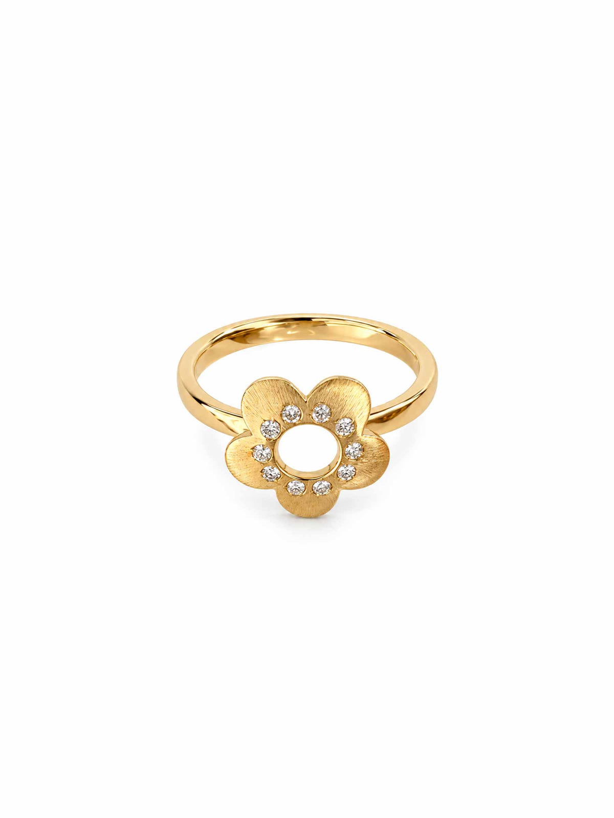 A gold flower ring featuring a textured gold flower head with a central open circle, accented by a ring of small diamonds stones, set on a polished gold band against a plain white background.