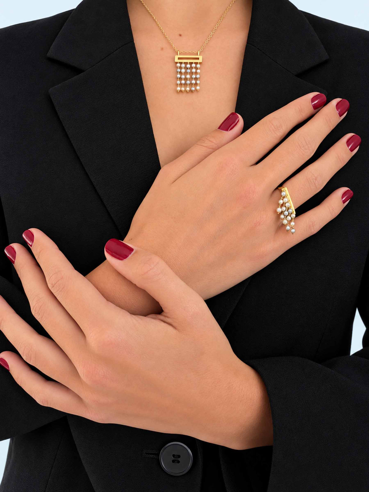 Handcrafted in 18-karat gold, the Shower Ring features cascading gold chains adorned with carefully selected Vietnamese Akoya pearls. Every pearl is chosen for its own unique shape, lustre and character, creating a ring that comes alive with every movement of your hand.